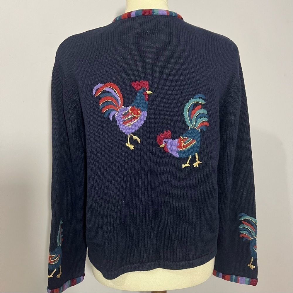 Vintage cotton knit cardigan sweater chickens roosters embroidered country chic - Picture 4 of 11